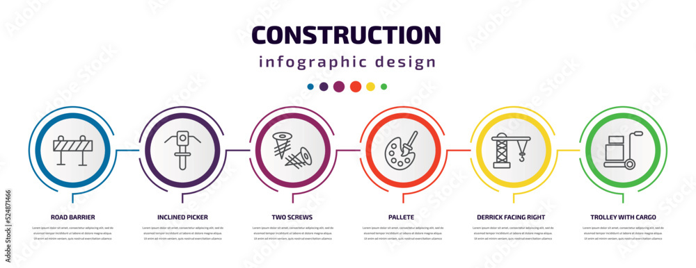 construction infographic template with icons and 6 step or option. construction icons such as road barrier, inclined picker, two screws, pallete, derrick facing right, trolley with cargo vector. can construction infographic template with icons and 6 step or option. construction icons such as road barrier, inclined picker, two screws, pallete, derrick facing right, trolley with cargo vector. can