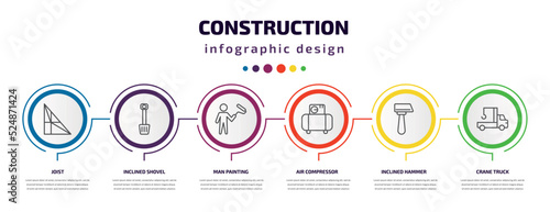 construction infographic template with icons and 6 step or option. construction icons such as joist, inclined shovel, man painting, air compressor, inclined hammer, crane truck vector. can be used