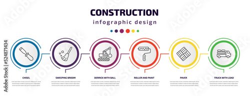 construction infographic template with icons and 6 step or option. construction icons such as chisel, sweeping broom, derrick with ball, roller and paint, paver, truck with load vector. can be used