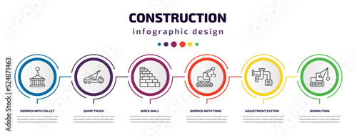 construction infographic template with icons and 6 step or option. construction icons such as derrick with pallet, dump truck, birck wall, derrick with tong, adjustment system, demolition vector.
