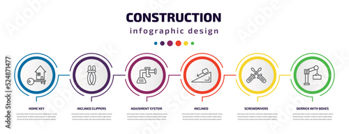construction infographic template with icons and 6 step or option. construction icons such as home key, inclined clippers, adjusment system, inclined, screwdrivers, derrick with boxes vector. can be