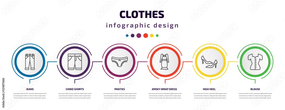 clothes infographic template with icons and 6 step or option. clothes icons such as jeans, chino shorts, panties, jersey wrap dress, high heel, blouse vector. can be used for banner, info graph, clothes infographic template with icons and 6 step or option. clothes icons such as jeans, chino shorts, panties, jersey wrap dress, high heel, blouse vector. can be used for banner, info graph,