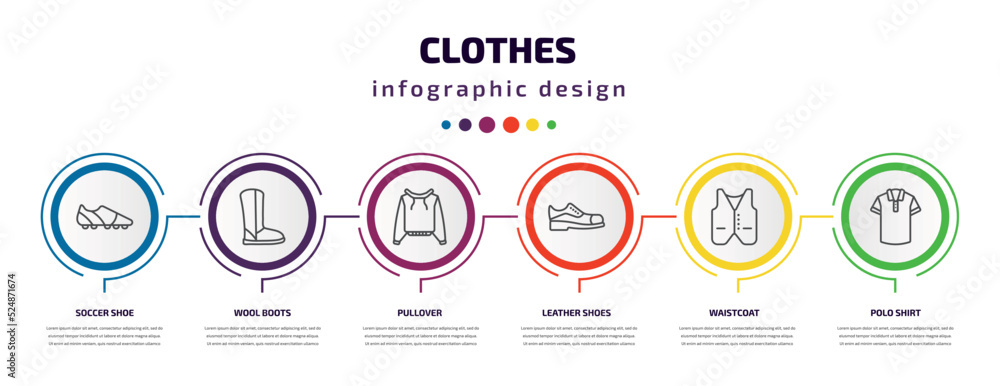 clothes infographic template with icons and 6 step or option. clothes icons such as soccer shoe, wool boots, pullover, leather shoes, waistcoat, polo shirt vector. can be used for banner, info clothes infographic template with icons and 6 step or option. clothes icons such as soccer shoe, wool boots, pullover, leather shoes, waistcoat, polo shirt vector. can be used for banner, info
