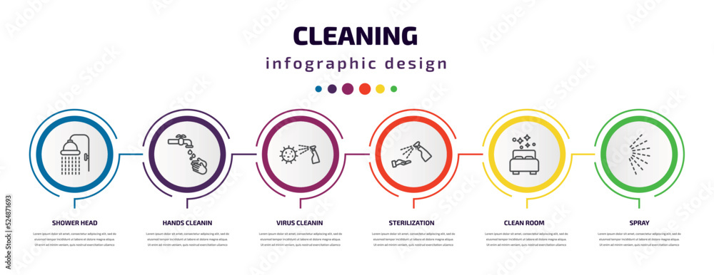 cleaning infographic template with icons and 6 step or option. cleaning icons such as shower head, hands cleanin, virus cleanin, sterilization, clean room, spray vector. can be used for banner, info