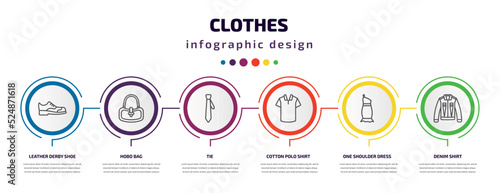clothes infographic template with icons and 6 step or option. clothes icons such as leather derby shoe, hobo bag, tie, cotton polo shirt, one shoulder dress, denim shirt vector. can be used for