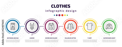 clothes infographic template with icons and 6 step or option. clothes icons such as boyfriend low jean, lingerie, oxford wave blazer, collarless cotton shirt, t-shirt, leather biker jacket vector.