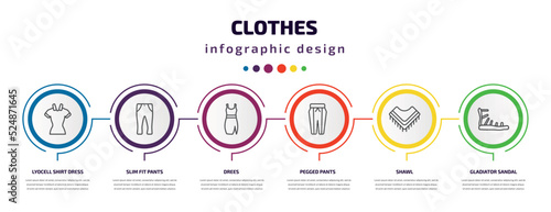 clothes infographic template with icons and 6 step or option. clothes icons such as lyocell shirt dress, slim fit pants, drees, pegged pants, shawl, gladiator sandal vector. can be used for banner,