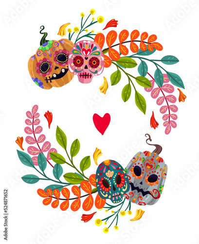 Vector illustration. Die de los muertos. Mexican holiday. The day of the Dead,  festival, print on t-shirt, banner and card, handmade