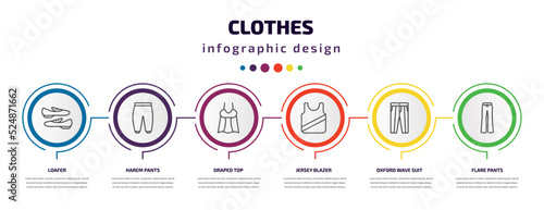 clothes infographic template with icons and 6 step or option. clothes icons such as loafer, harem pants, draped top, jersey blazer, oxford wave suit pants, flare pants vector. can be used for photo