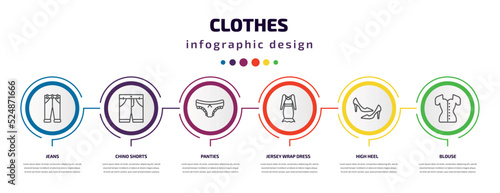 clothes infographic template with icons and 6 step or option. clothes icons such as jeans, chino shorts, panties, jersey wrap dress, high heel, blouse vector. can be used for banner, info graph,