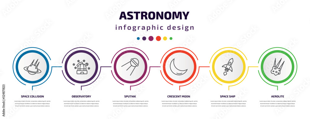 astronomy infographic template with icons and 6 step or option. astronomy icons such as space collision, observatory, sputnik, crescent moon, space ship, aerolite vector. can be used for banner, astronomy infographic template with icons and 6 step or option. astronomy icons such as space collision, observatory, sputnik, crescent moon, space ship, aerolite vector. can be used for banner,