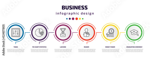 business infographic template with icons and 6 step or option. business icons such as tones, pie chart statistics, lanyard, reader, money finder, graduation ceremony vector. can be used for banner,