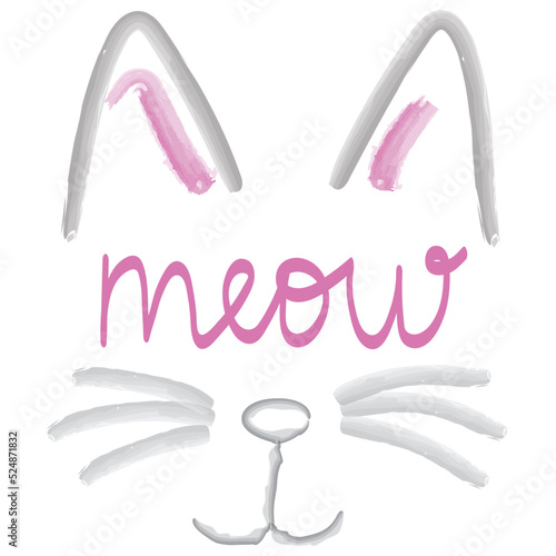 Meow - handwritten text on a Cat outline with whiskers and ears in grey and pink colors
