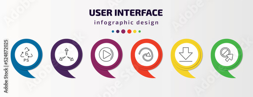 user interface infographic template with icons and 6 step or option. user interface icons such as 6 ps, expand arrows, right arrow play button, curve line, big download arrow, forbidden cursor