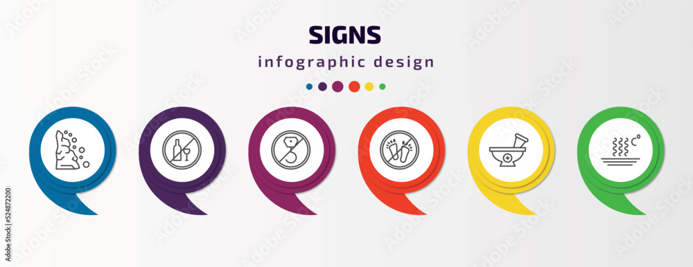 signs infographic template with icons and 6 step or option. signs icons such as landslide, no alcohol, no hoist, no step, phary, heat vector. can be used for banner, info graph, web, presentations. signs infographic template with icons and 6 step or option. signs icons such as landslide, no alcohol, no hoist, no step, phary, heat vector. can be used for banner, info graph, web, presentations.