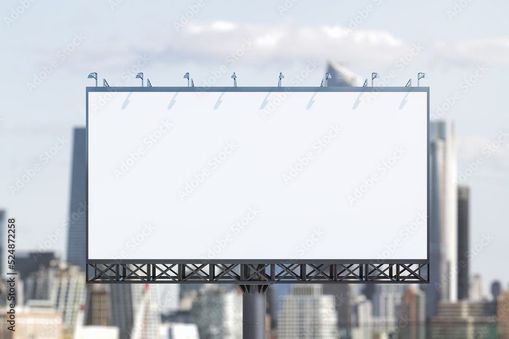 Blank white billboard on cityscape background at daytime, front view. Mock up, advertising concept Blank white billboard on cityscape background at daytime, front view. Mock up, advertising concept
