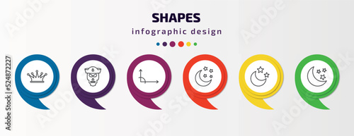 shapes infographic template with icons and 6 step or option. shapes icons such as royalty, sailor skull, angle of acute, clear night, moon and stars, half moon and star vector. can be used for
