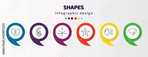 shapes infographic template with icons and 6 step or option. shapes icons such as broken heart, skull and snake, parabola, star with number five, high beam, winshield wiper vector. can be used for
