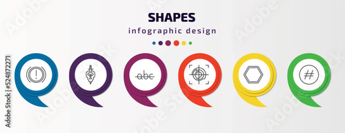 shapes infographic template with icons and 6 step or option. shapes icons such as brake system warning, skull and dagger, strike through, focus button, poligon, hash key vector. can be used for