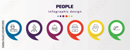 people infographic template with icons and 6 step or option. people icons such as delivery woman, road crossing, serve, elegant, psychology, ruku vector. can be used for banner, info graph, web,