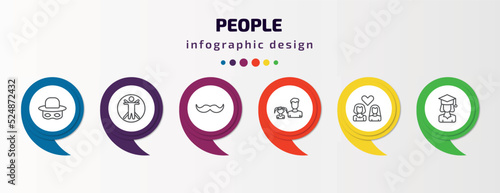 people infographic template with icons and 6 step or option. people icons such as zorro, vitruvian man, hairy, father and daughter, lesbian couple, graduated student vector. can be used for banner,