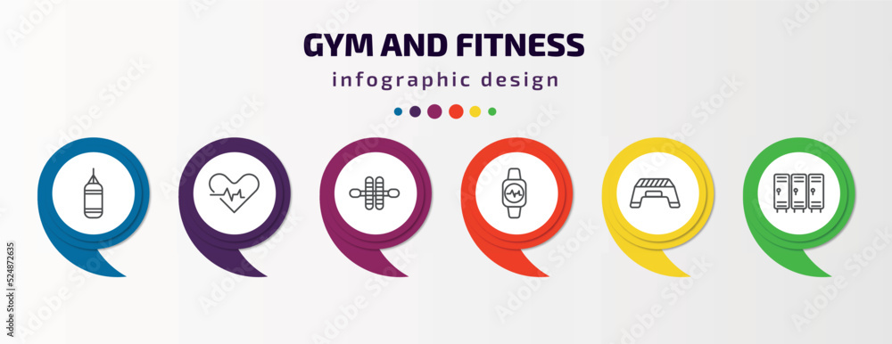 gym and fitness infographic template with icons and 6 step or option. gym and fitness icons such as boxing bag, fitness heart, gymnastic roller, watch, step, locker vector. can be used for banner, gym and fitness infographic template with icons and 6 step or option. gym and fitness icons such as boxing bag, fitness heart, gymnastic roller, watch, step, locker vector. can be used for banner,
