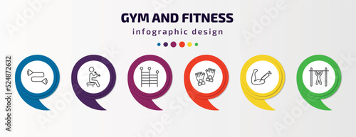 gym and fitness infographic template with icons and 6 step or option. gym and fitness icons such as resistance band, dumbbells exercise, gym ladder, fitness gloves, steroids, bar exercising vector.