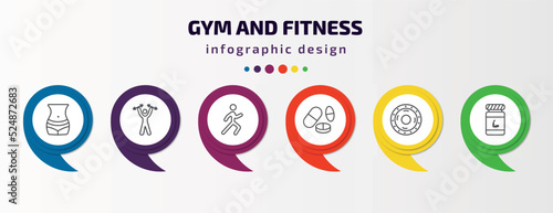 gym and fitness infographic template with icons and 6 step or option. gym and fitness icons such as fitness body, lifting dumbbells, stretching leg exercise, pill tablet, weight drive,