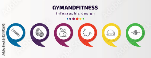 gymandfitness infographic template with icons and 6 step or option. gymandfitness icons such as arms extender, pilates ball, good diet, exercise bands, bosu ball, roller vector. can be used for photo