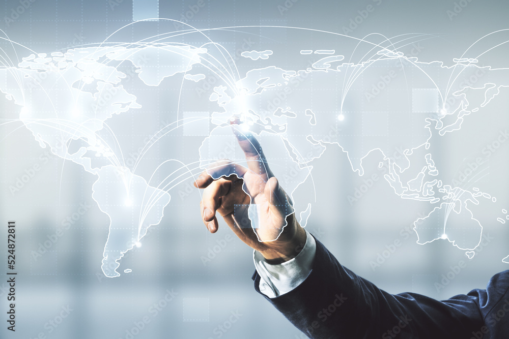Man hand clicks on abstract graphic digital world map with connections ...