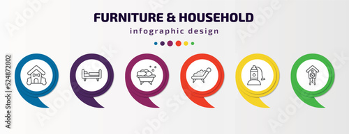 furniture & household infographic template with icons and 6 step or option. furniture & household icons such as pet house, daybed, bath, fainting couch, sump pump, cuckoo clock vector. can be used