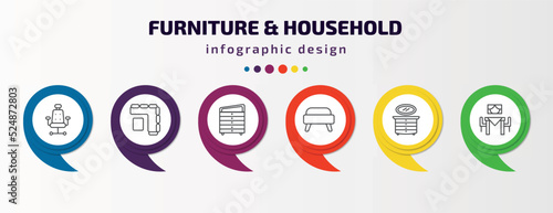 furniture & household infographic template with icons and 6 step or option. furniture & household icons such as office chair, corner sofa, davenport, ottoman, lowboy, dining room vector. can be used