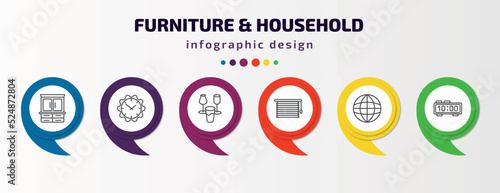 furniture & household infographic template with icons and 6 step or option. furniture & household icons such as armoire, wall clock, glassware, window coverings, globe, table clock vector. can be