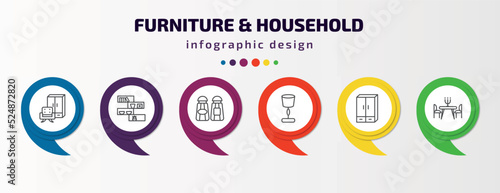 furniture & household infographic template with icons and 6 step or option. furniture & household icons such as furniture, shelf, salt and pepper shakers, lamps, cupboard, dinner table vector. can