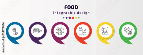 food infographic template with icons and 6 step or option. food icons such as fresh smoothie, chop, mapo tofu, thermo flask, blend, biscuits vector. can be used for banner, info graph, web,