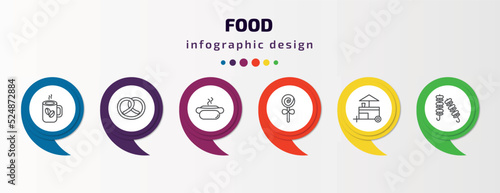 food infographic template with icons and 6 step or option. food icons such as hot coffee cup, pretzel, hotdog and bread, jawbreaker, snack booth, kebab vector. can be used for banner, info graph,