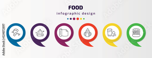 food infographic template with icons and 6 step or option. food icons such as shrimps, jelly, wrapping, sippy cup, drink water, hamburguer vector. can be used for banner, info graph, web,