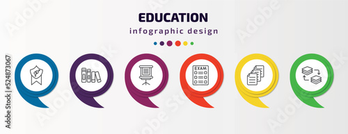 education infographic template with icons and 6 step or option. education icons such as fraternity, library books, flip chart, final test, various files, arrange vector. can be used for banner, info