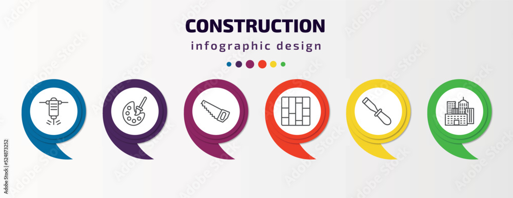 construction infographic template with icons and 6 step or option. construction icons such as hydraulic breaker, pallete, big saw, paving, chisel, vector. can be used for banner, info graph, web, construction infographic template with icons and 6 step or option. construction icons such as hydraulic breaker, pallete, big saw, paving, chisel, vector. can be used for banner, info graph, web,