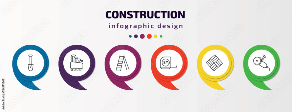 construction infographic template with icons and 6 step or option. construction icons such as short shovel, hex key, double ladder, five meters ruler, paver, grinder vector. can be used for banner, construction infographic template with icons and 6 step or option. construction icons such as short shovel, hex key, double ladder, five meters ruler, paver, grinder vector. can be used for banner,