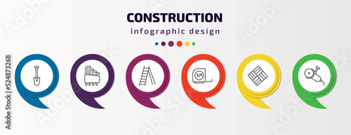 construction infographic template with icons and 6 step or option. construction icons such as short shovel, hex key, double ladder, five meters ruler, paver, grinder vector. can be used for banner,