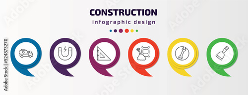 construction infographic template with icons and 6 step or option. construction icons such as fuel truck, inclined magnet, angle ruler, cement, round wrench, scraper vector. can be used for banner,