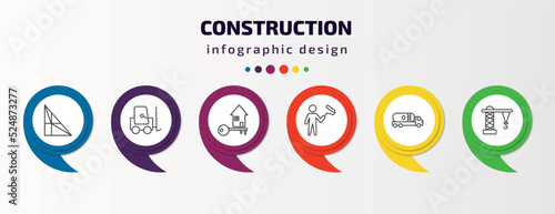 construction infographic template with icons and 6 step or option. construction icons such as joist, trolley truck, home key, man painting, tank truck, derrick facing right vector. can be used for