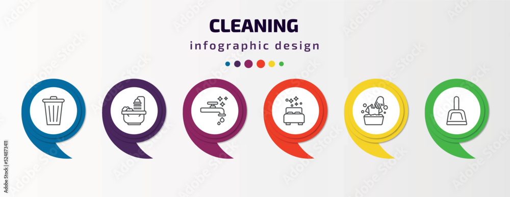 cleaning infographic template with icons and 6 step or option. cleaning icons such as bin, bathtub cleaning, faucet cleanin, clean room, washing clothes, dust pan vector. can be used for banner, cleaning infographic template with icons and 6 step or option. cleaning icons such as bin, bathtub cleaning, faucet cleanin, clean room, washing clothes, dust pan vector. can be used for banner,