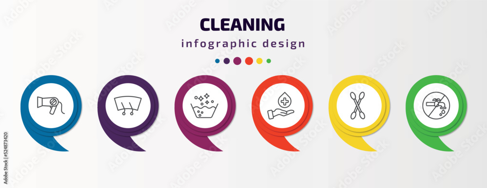 cleaning infographic template with icons and 6 step or option. cleaning icons such as hairdryer cleanin, wiper, soak, sanitize, tampon cleanin, no water cleanin vector. can be used for banner, info cleaning infographic template with icons and 6 step or option. cleaning icons such as hairdryer cleanin, wiper, soak, sanitize, tampon cleanin, no water cleanin vector. can be used for banner, info