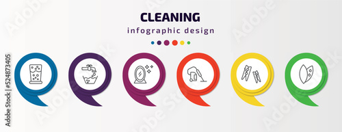 cleaning infographic template with icons and 6 step or option. cleaning icons such as emulsion, water soak, mirror cleanin, hoover, clothes peg, leaf cleanin vector. can be used for banner, info