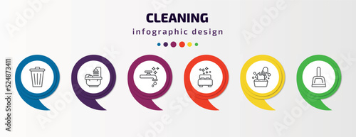 cleaning infographic template with icons and 6 step or option. cleaning icons such as bin, bathtub cleaning, faucet cleanin, clean room, washing clothes, dust pan vector. can be used for banner,