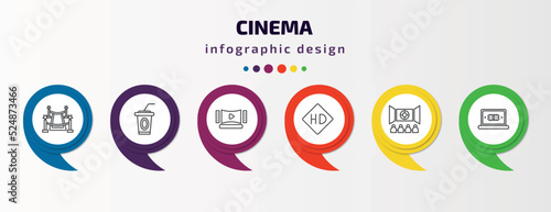 cinema infographic template with icons and 6 step or option. cinema icons such as red carpet, papper cup with straw, home theater, hd video, cinema audience, buy tickets online vector. can be used