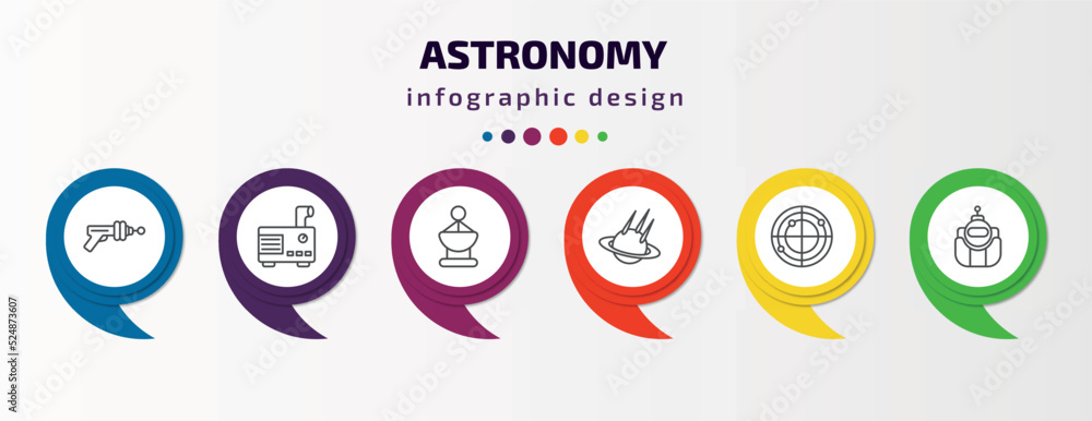 astronomy infographic template with icons and 6 step or option. astronomy icons such as gun blaster, generator, radar pointing up, space collision, radar system, astronaut ingravity vector. can be astronomy infographic template with icons and 6 step or option. astronomy icons such as gun blaster, generator, radar pointing up, space collision, radar system, astronaut ingravity vector. can be