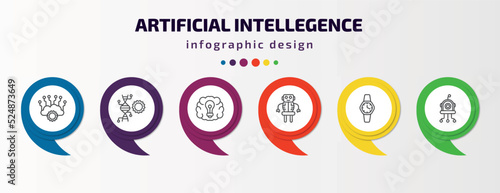 artificial intellegence infographic template with icons and 6 step or option. artificial intellegence icons such as cloud intelligence, genetic modification, future brain, robot, wristwatch,